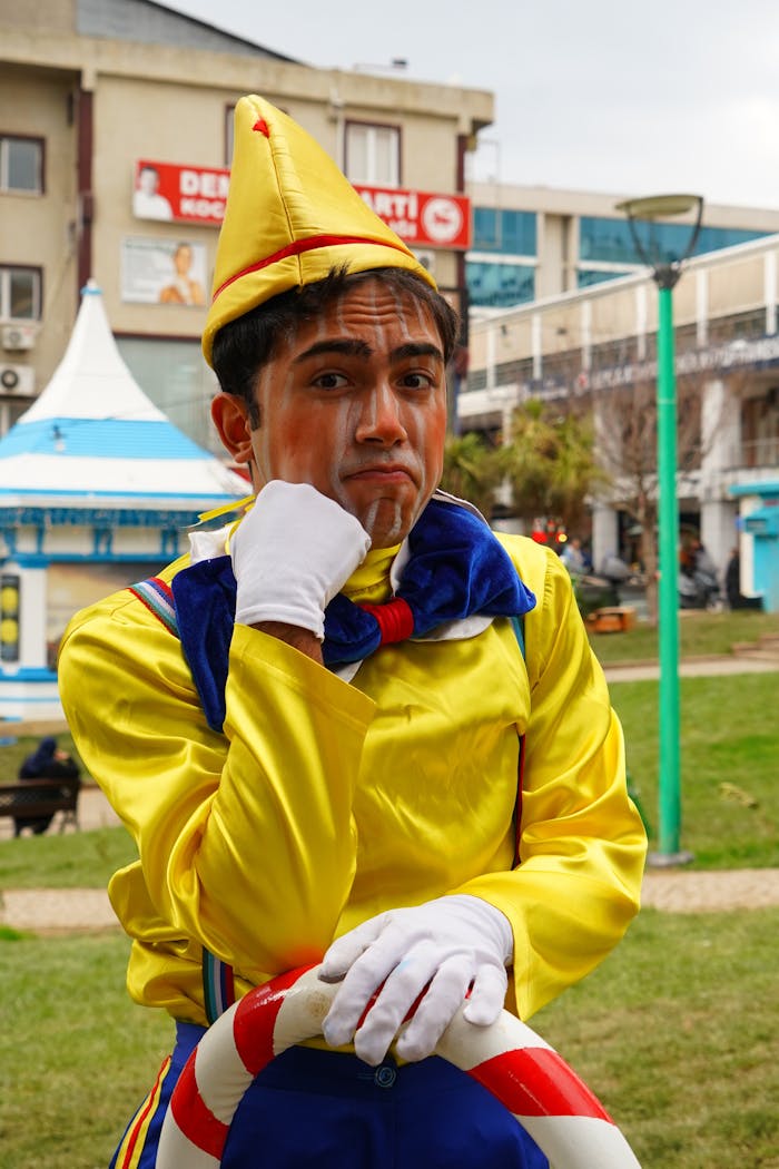 Colorful costumed performer posing outdoors with expressive face.